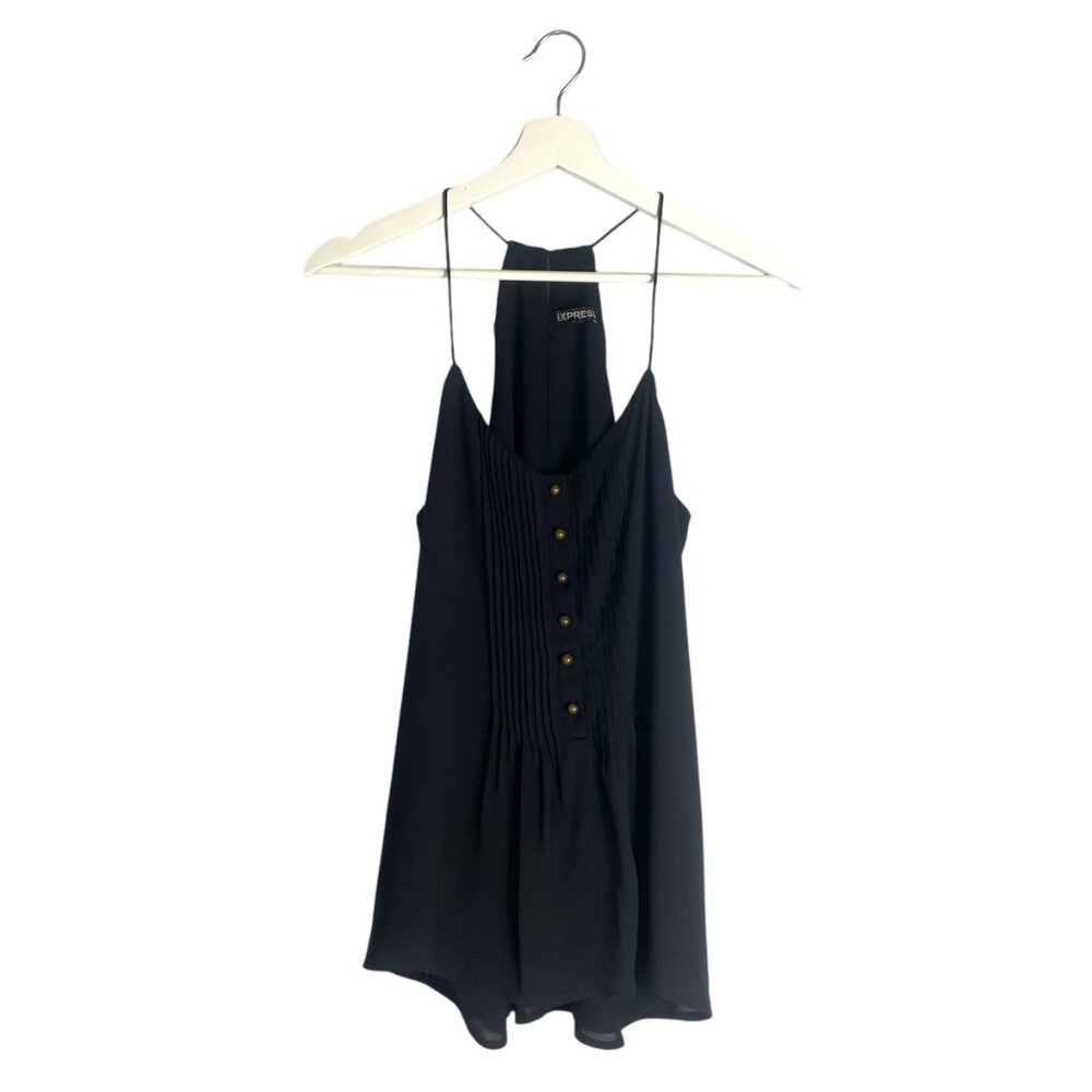 Express Black Satin Cami Tank Top with Button Details Keyhole Back Size S